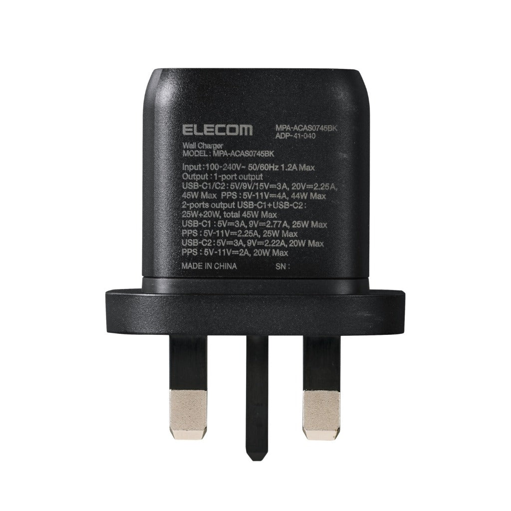 ELECOM Charger 45w 2-Ports/USB-Cx2/ GaN II / Safe Design/ MPA-ACAS0745BK
